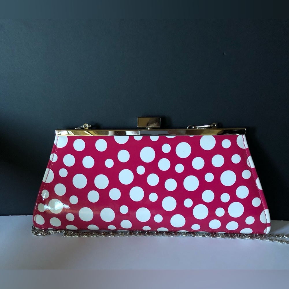 Neiman Marcus Pink & White Polka Dot Clutch with silver chain
